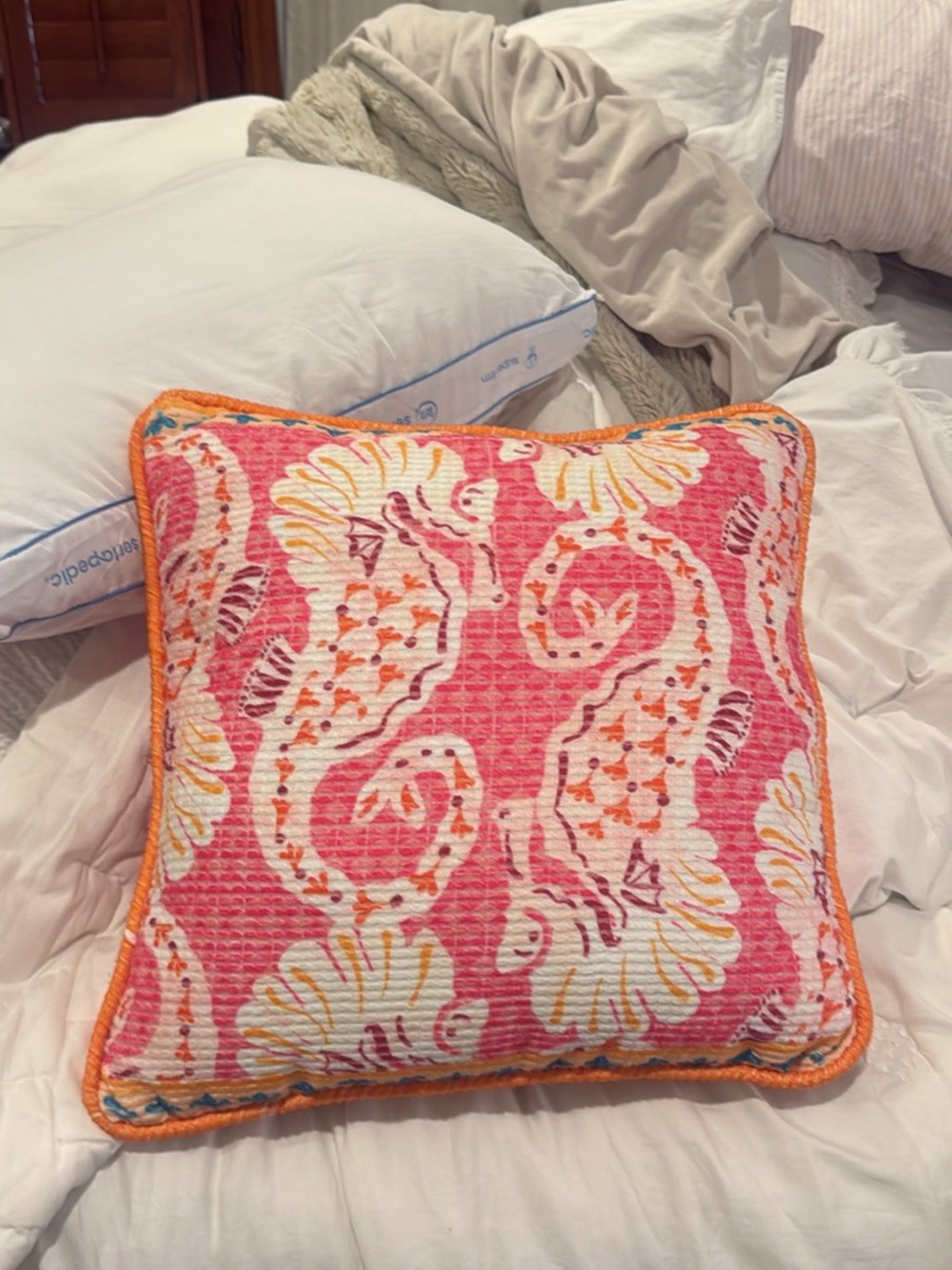 Anthropologie Pink Paisley Print Pillow with Orange Piped Edge